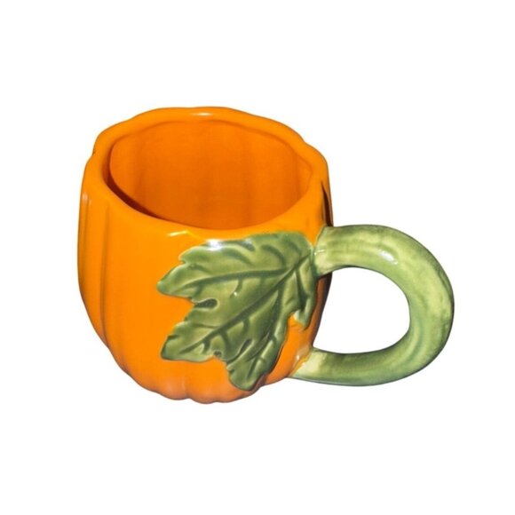 Set Of 2 Pumpkin-Shaped Ceramic Coffee Mugs With Green Leaf Handles - Picture 3 of 7